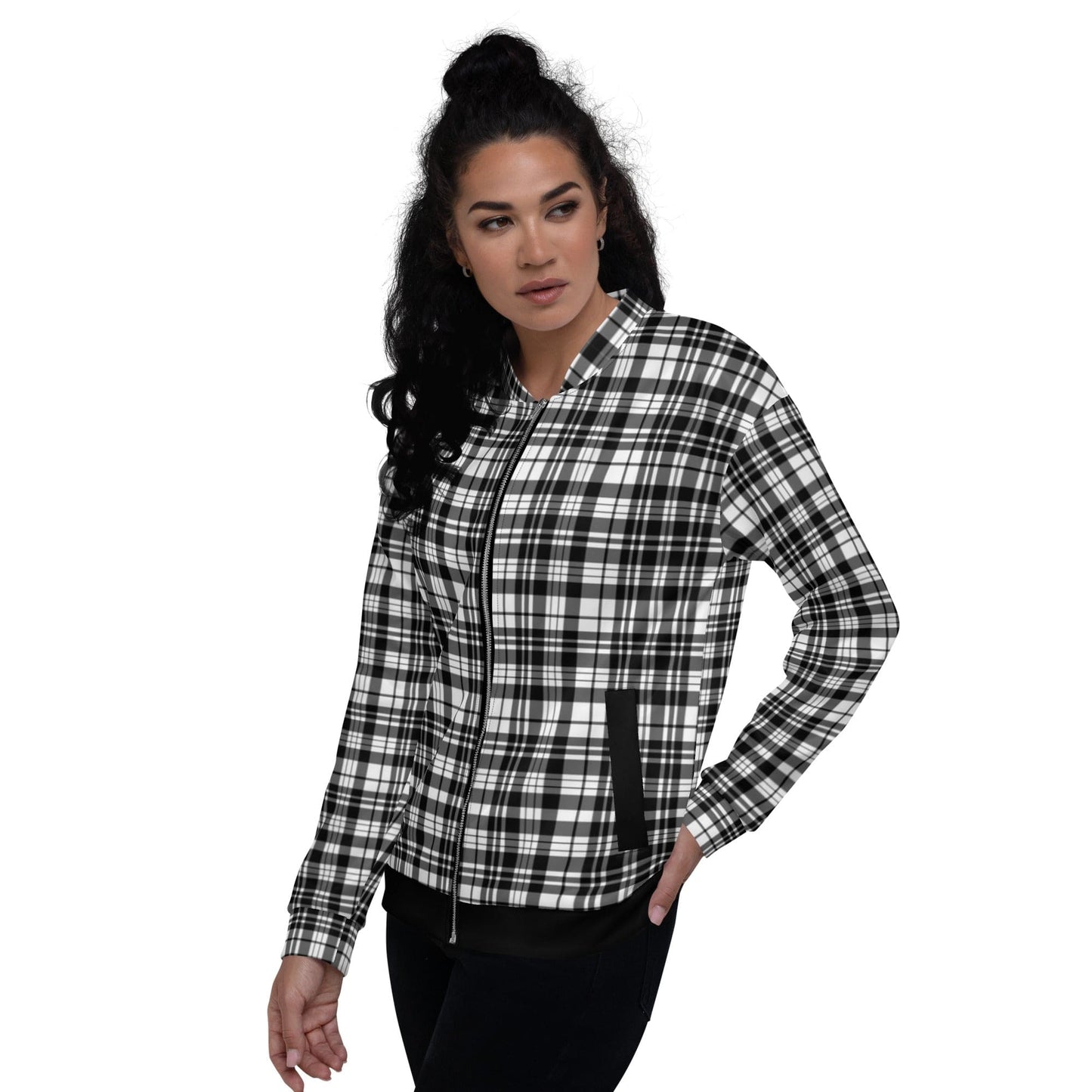 Womens Bomber Jacket - Black and White Plaid Style-3