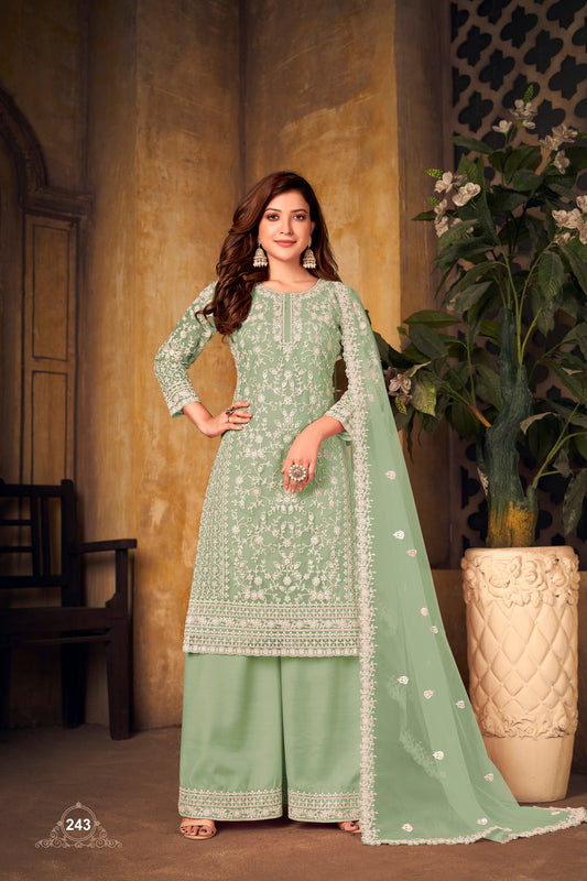 Pakistan Designer Wear Net Pastel Green Straight Cut Palazzo Style Suit