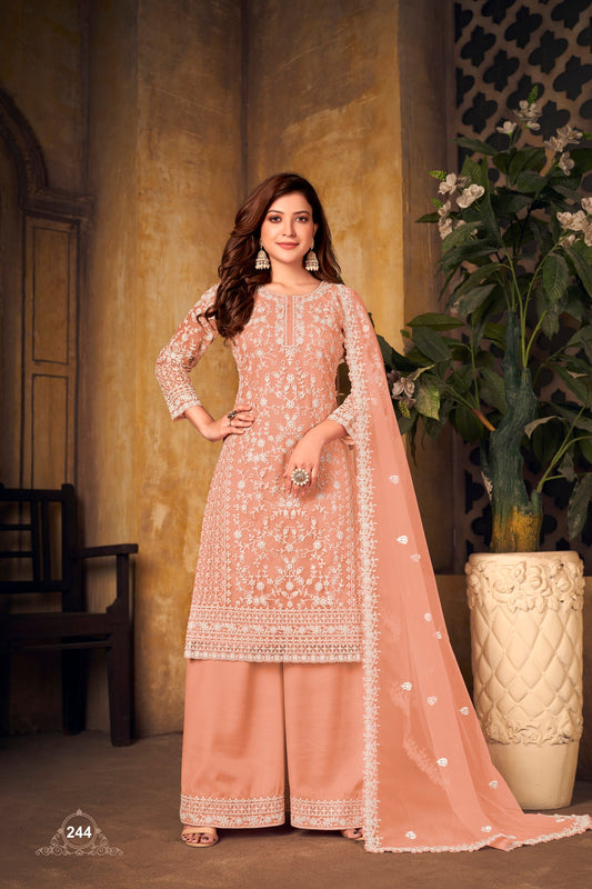 Pakistan Designer Wear Net Peach Straight Cut Palazzo Style Suit
