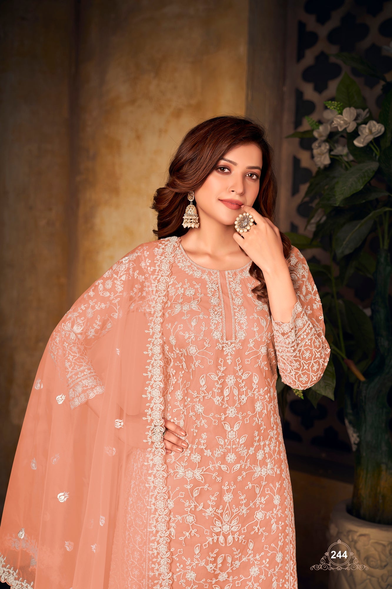 Pakistan Designer Wear Net Peach Straight Cut Palazzo Style Suit