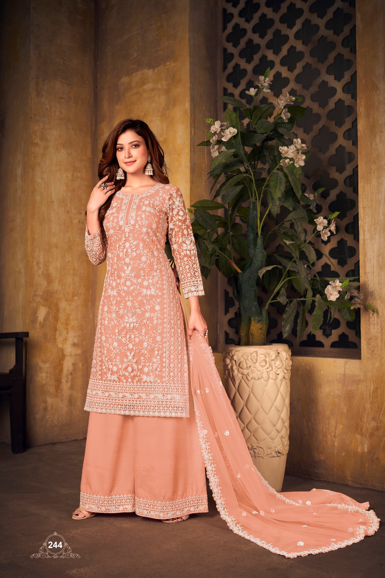 Pakistan Designer Wear Net Peach Straight Cut Palazzo Style Suit