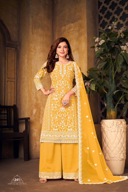 Pakistan Designer Wear Net Mustard Yellow Straight Cut Palazzo Style Suit