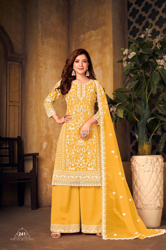 Pakistan Designer Wear Net Mustard Yellow Straight Cut Palazzo Style Suit
