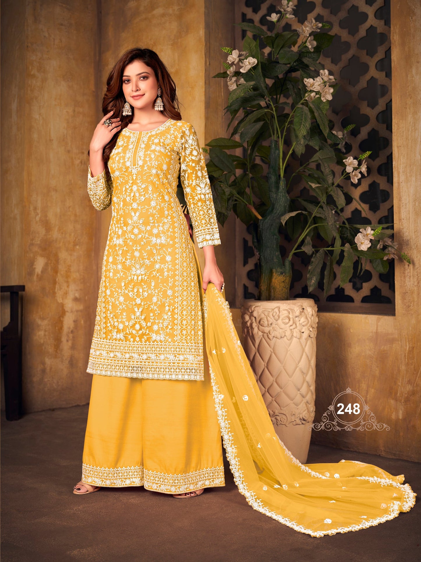 Pakistan Designer Wear Net Mustard Yellow Straight Cut Palazzo Style Suit