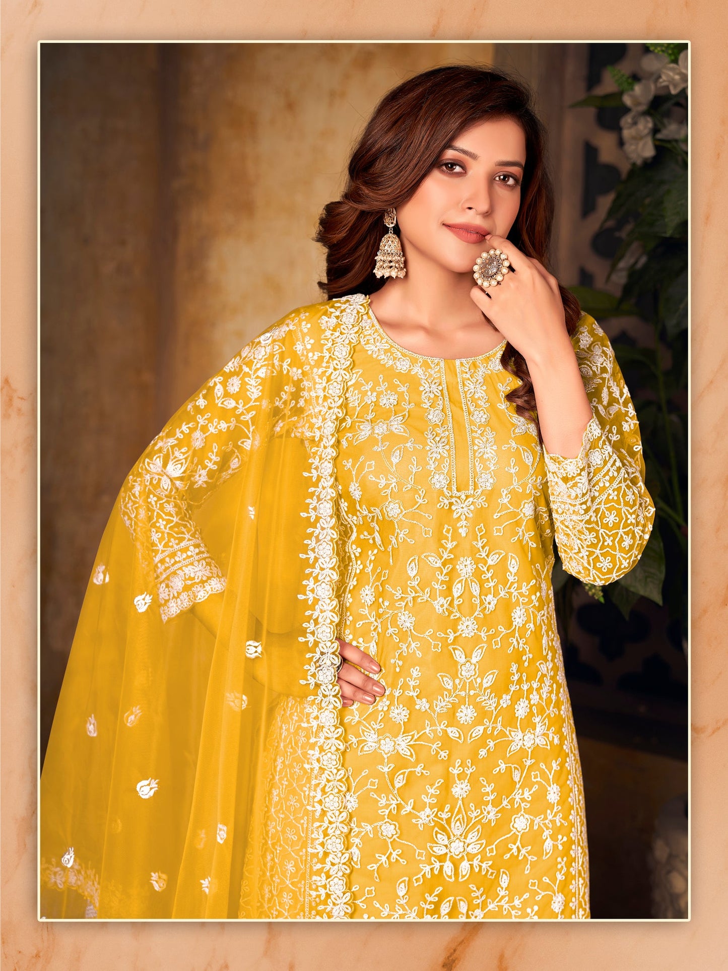 Pakistan Designer Wear Net Mustard Yellow Straight Cut Palazzo Style Suit