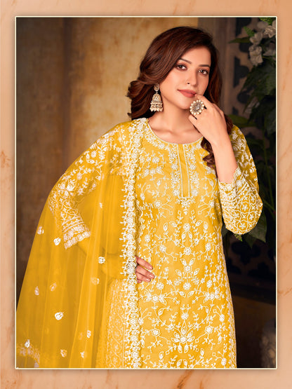 Pakistan Designer Wear Net Mustard Yellow Straight Cut Palazzo Style Suit