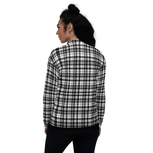 Womens Bomber Jacket - Black and White Plaid Style-1
