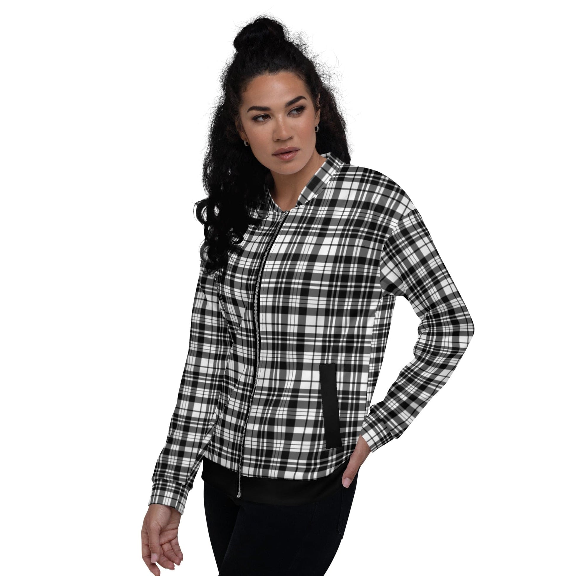 Womens Bomber Jacket - Black and White Plaid Style-3