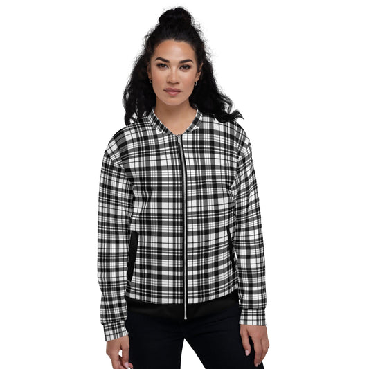 Womens Bomber Jacket - Black and White Plaid Style-0