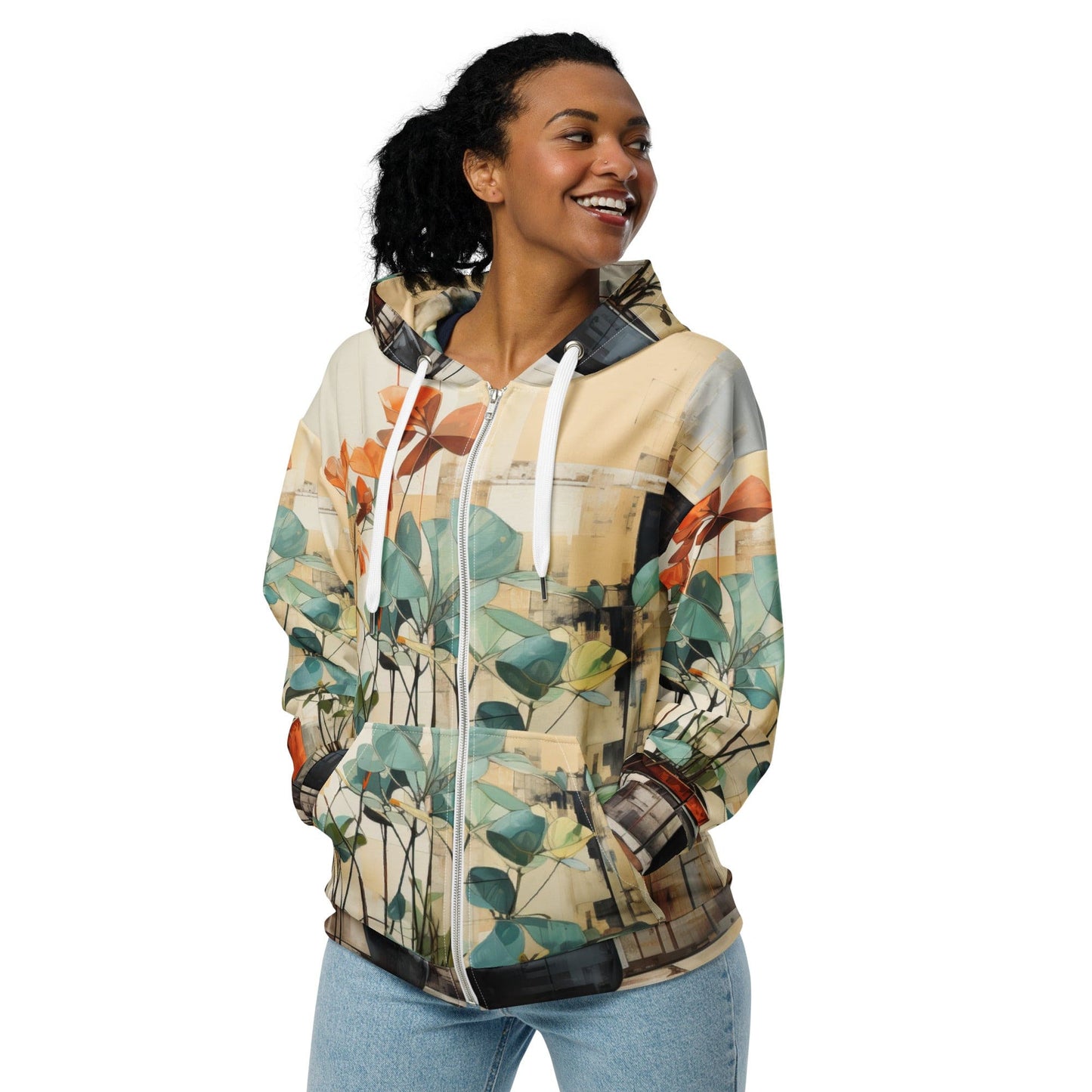 Womens Graphic Zip Hoodie Rustic Botanical Plants-3