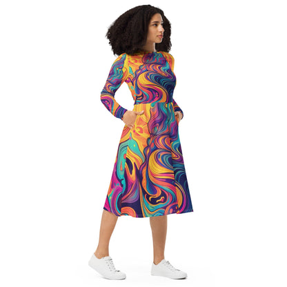 Womens Long Sleeve Midi Dress - Vibrant Psychedelic Kaleidoscope Boho 3-3