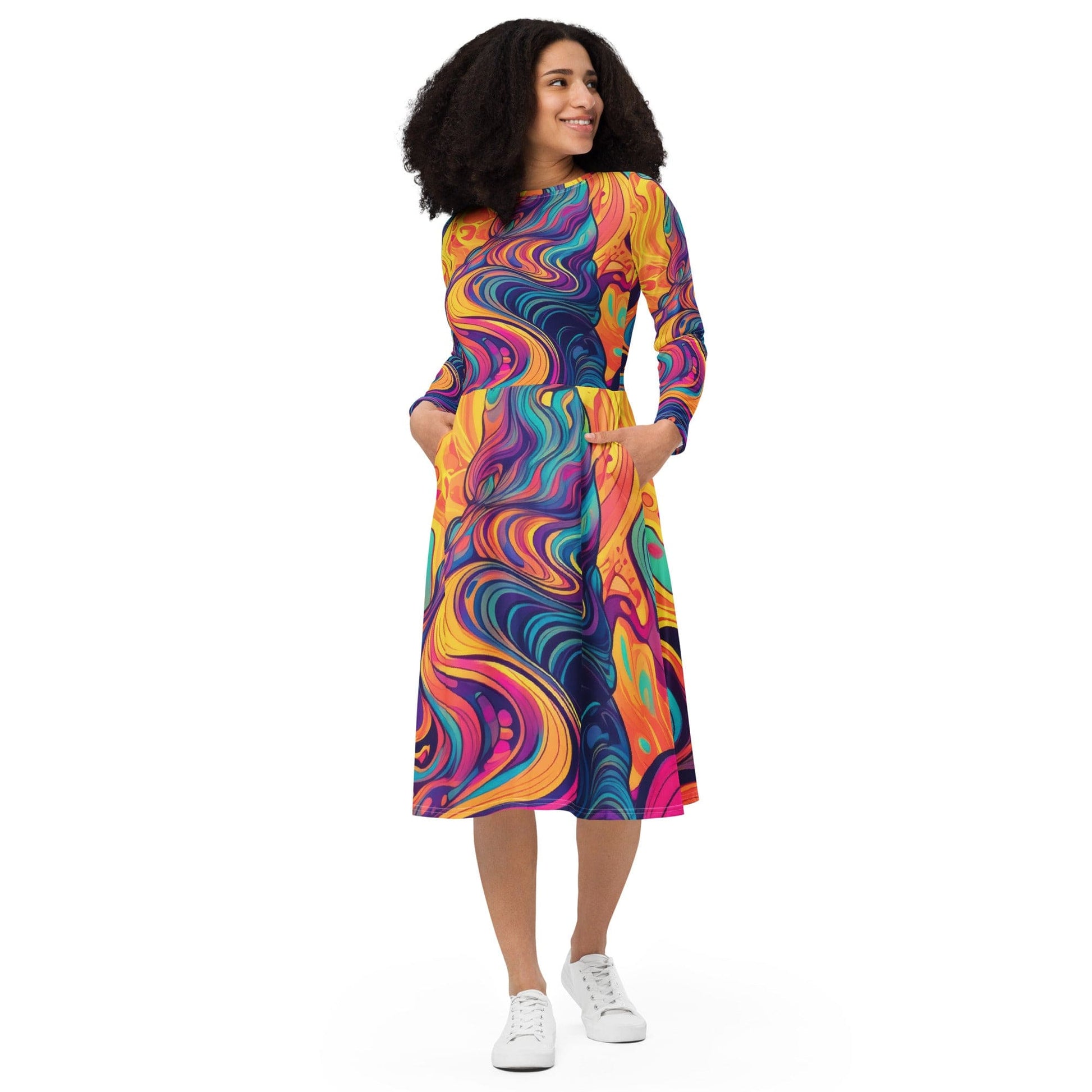 Womens Long Sleeve Midi Dress - Vibrant Psychedelic Kaleidoscope Boho 3-0